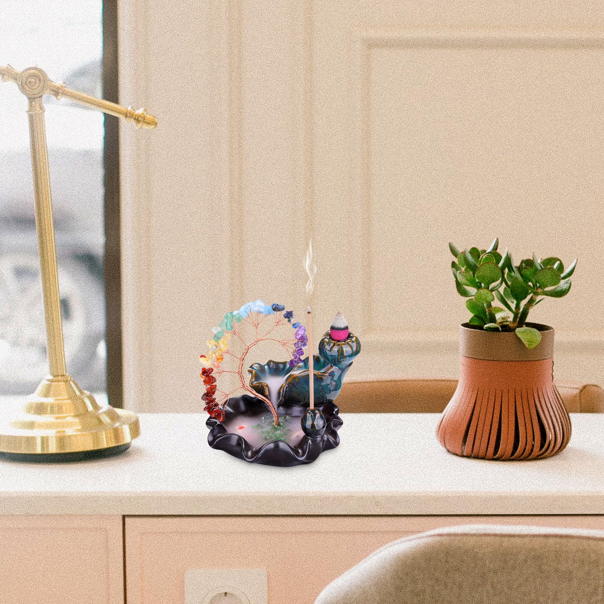 JSDDE - Soporte para incienso con árbol de cristal, 7 chakras, lote de quemador de incienso cascada de cerámica con pulsera de árbol de la vida, piedras naturales, quemador de reflujo, decoración de