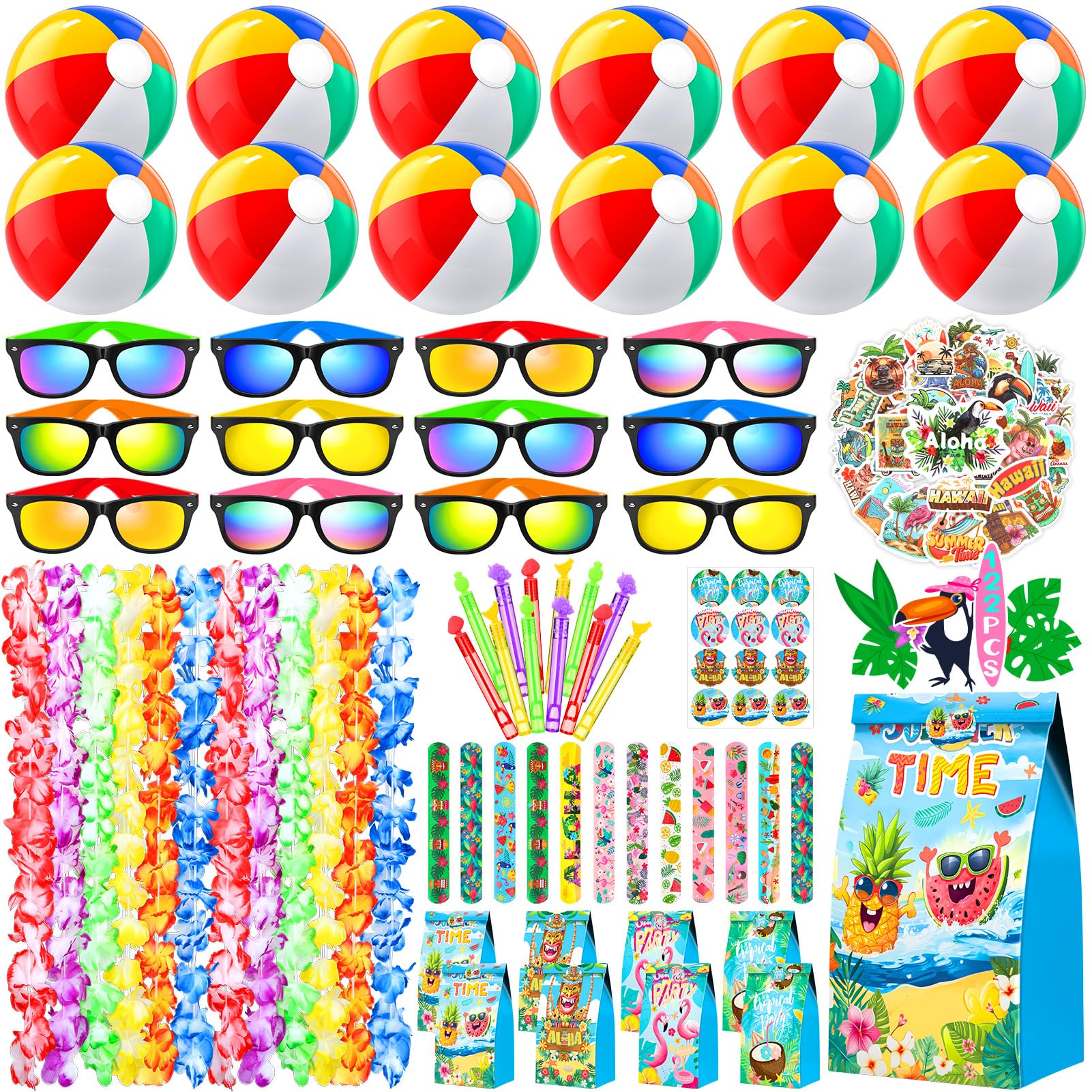 Joycover Beach Pool Party Favors, 122Pcs Hawaiian Pool Beach Party Supplies, Hawaiian Leis For Luau Decorations, include Kids Sunglasses, Beach Balls, Pool Party Supplies, Summer Beach Toys