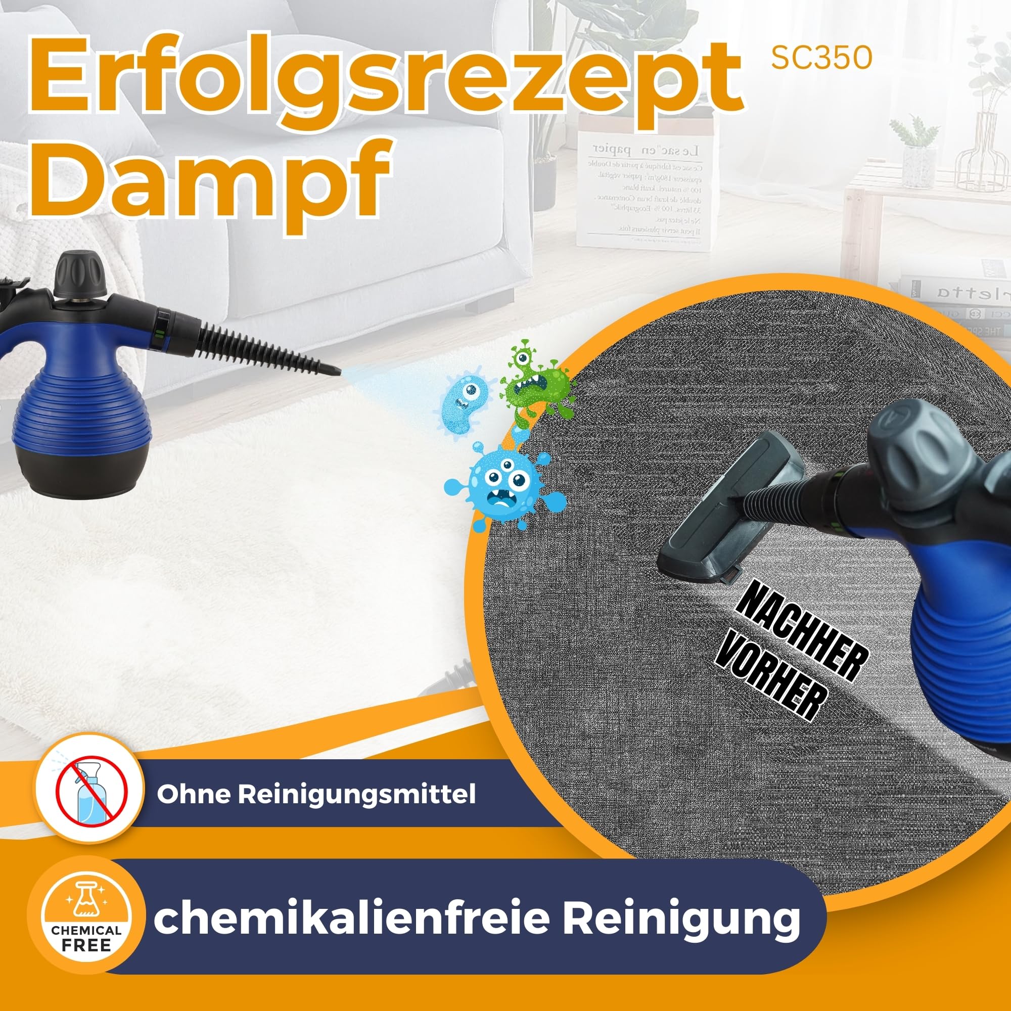 Dampfreiniger Sommertal SC350-1050W Power Handgerät mit viel Zubehör - 110°C Dampfreinigung ohne Chemie, gegen Schmutz und Fett auf Polster Fliesen Fenster, GS geprüft