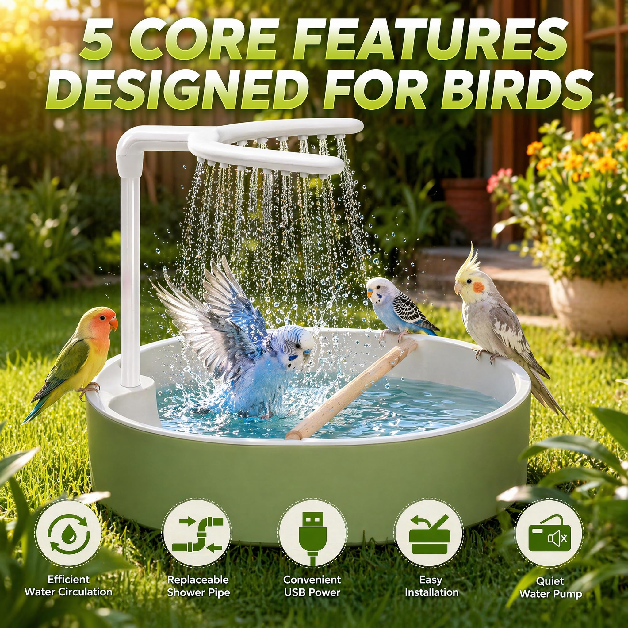 Ruichi Vogeldusche Wellensittich, 32x26cm Wellensittich Dusche mit Wasserfall und Wasserpumpe, Automatische Vogelbad Badehaus Badewanne für Unzertrennliche Wellensittiche Afrikanische Munias Aras