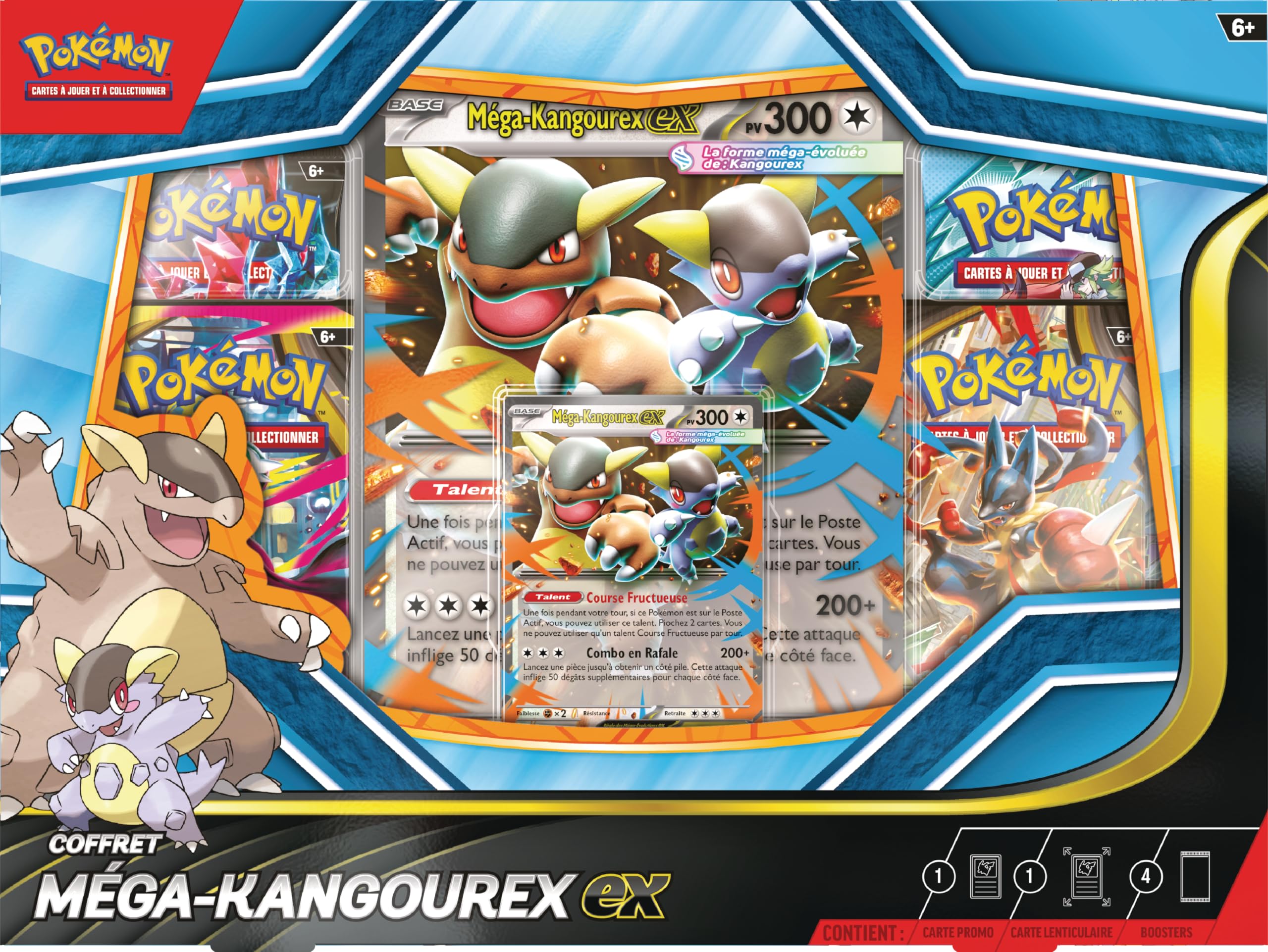 Pokémon : Coffret Méga-Kangourex-ex (1 Carte Promo Brillante, 1 Carte Promo Grand Format lenticulaire et 4 boosters) du JCC Pokémon