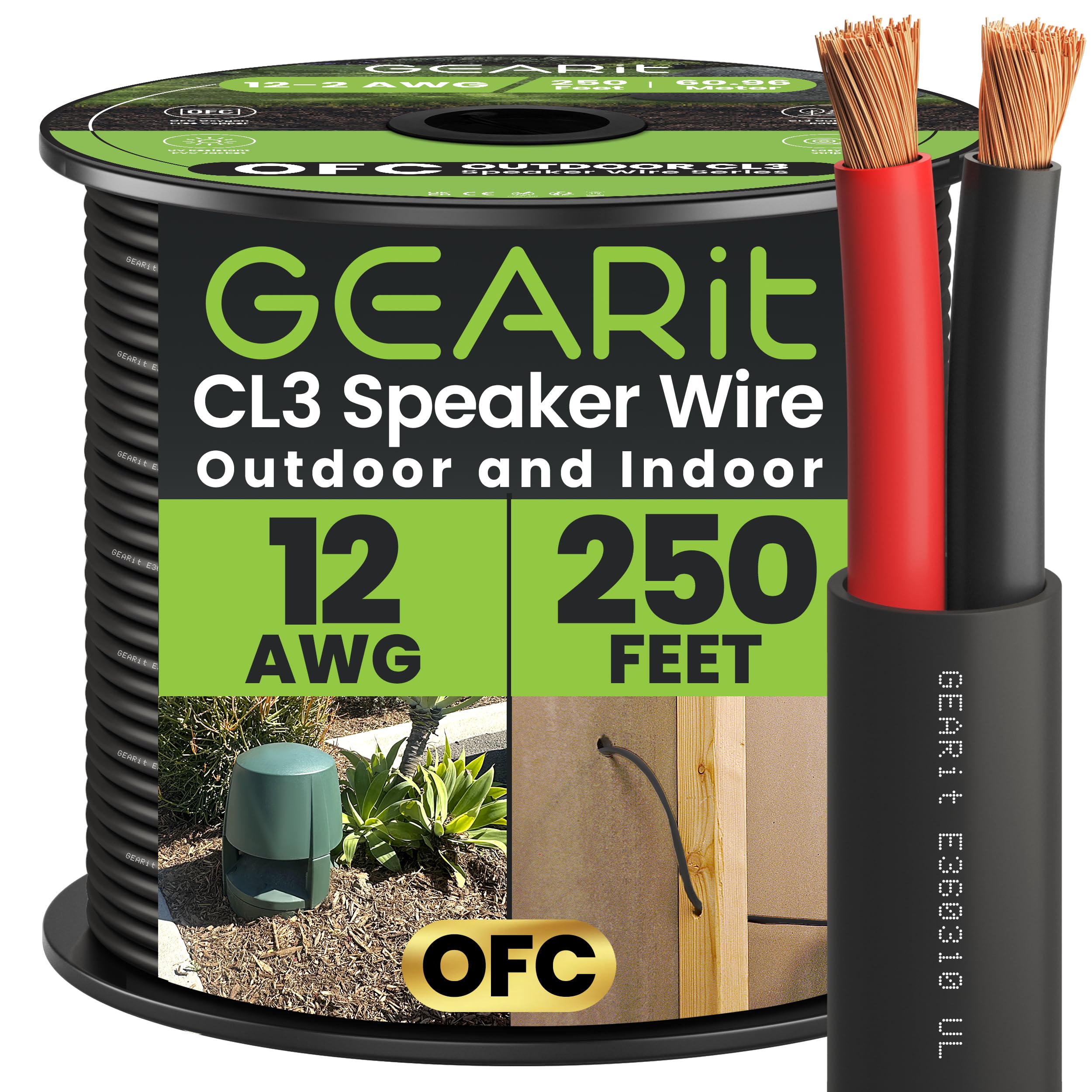 - Outdoor Speaker Wire CL3 Rated, 12 Gauge Speaker Wire, Speaker Cable 250 ft for Outdoor Speakers, Patio, Garden, Backyard Audio, Direct Burial in Ground/in Wall, OFC (Black, 2-Conductors)