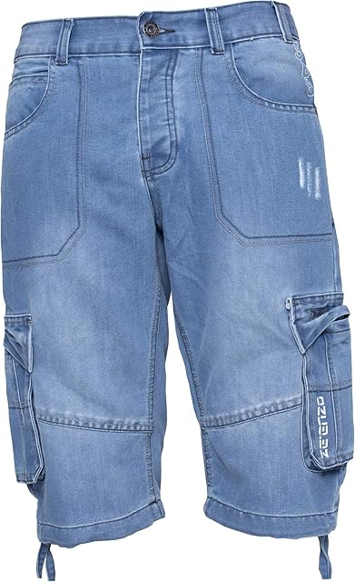 Enzo Jeans Mens Shorts Raw Combat Cargo Pockets Casual Knee Length Denim Pants (28W, Light Blue)
