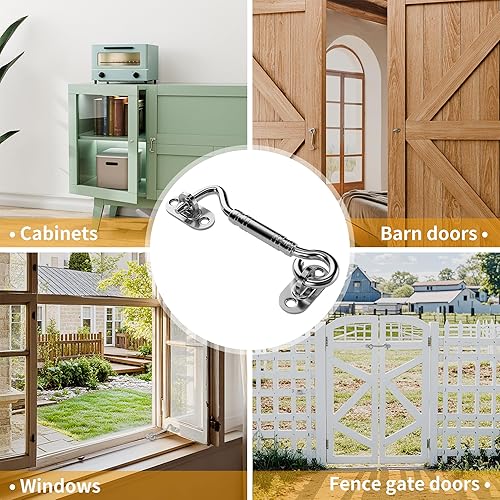 Miniatura 3 de Paquete de 2 herrajes para cerradura de puerta de 4 pulgadas, gancho de acero inoxidable de 4 pulgadas y pestillo de puerta de bloqueo fácil para