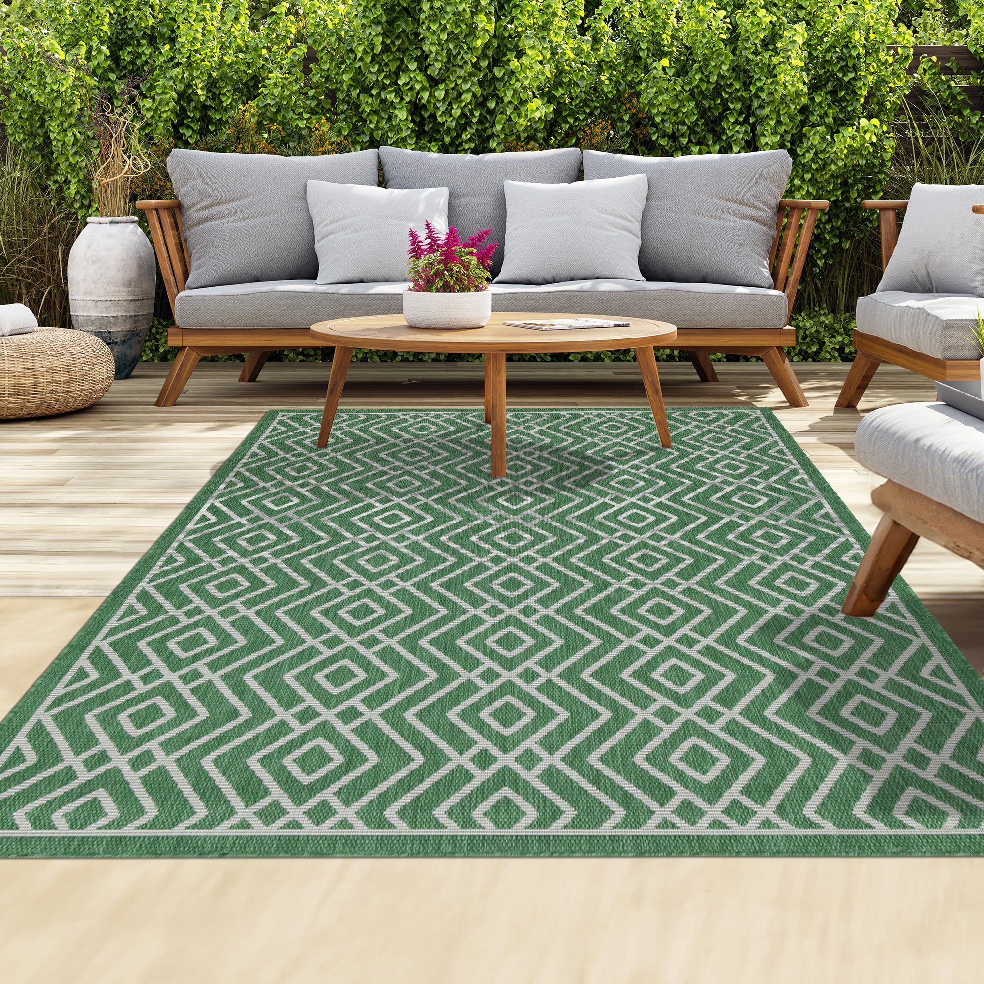 homeart Outdoor Rugs | Easy-Cleaning Indoor & Outdoor Area Rugs for Porch, Deck, Balcony, Garden, Picnic, Kitchen, Hallway | UV & Weather-Resistant Large Patio Rug Mats Green Cream, 120 x 170 cm — image 1