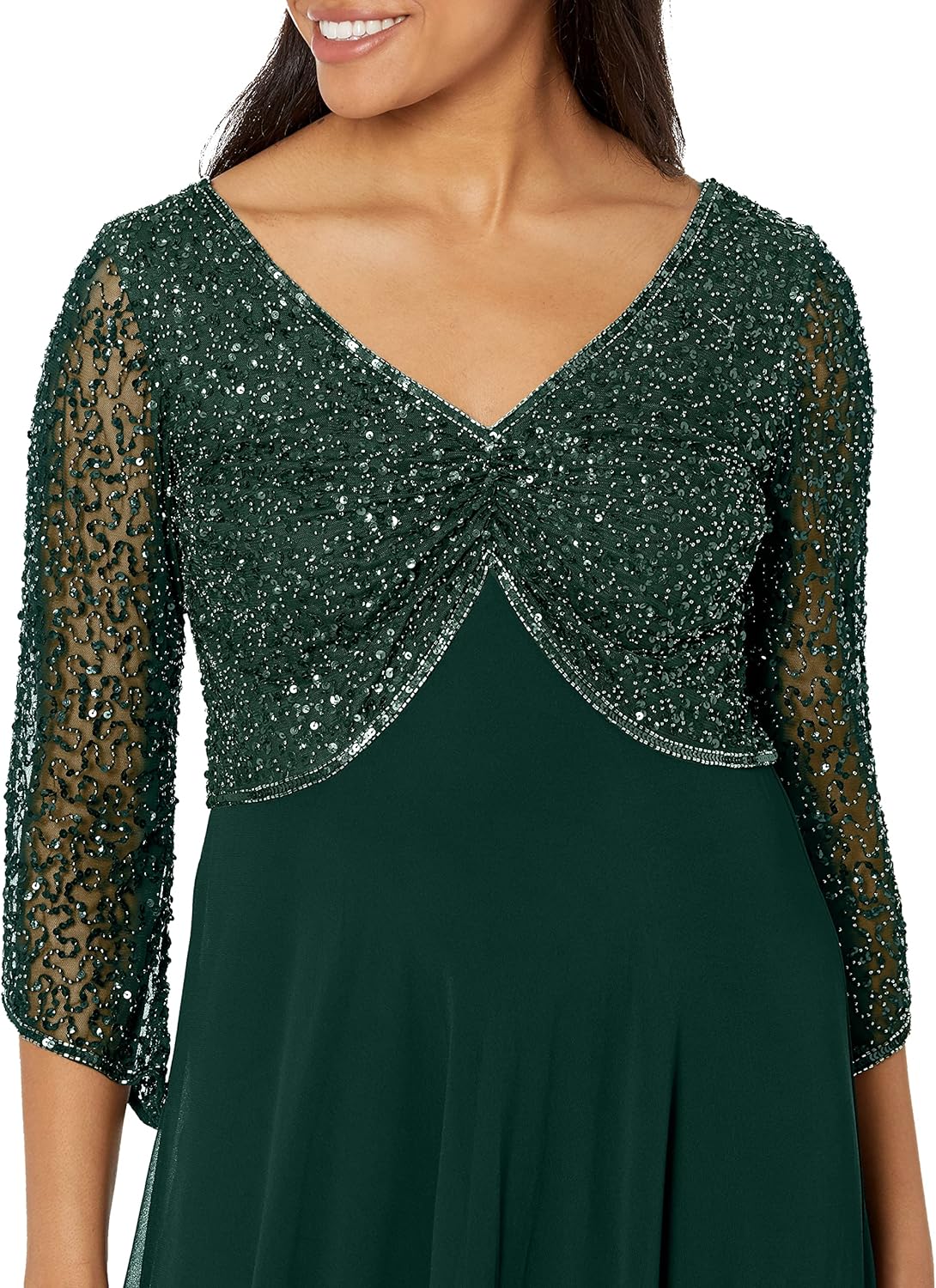 J Kara Women's Petite 3/4 Sleeve V-Neck Beaded Top Long Gown - Image 3