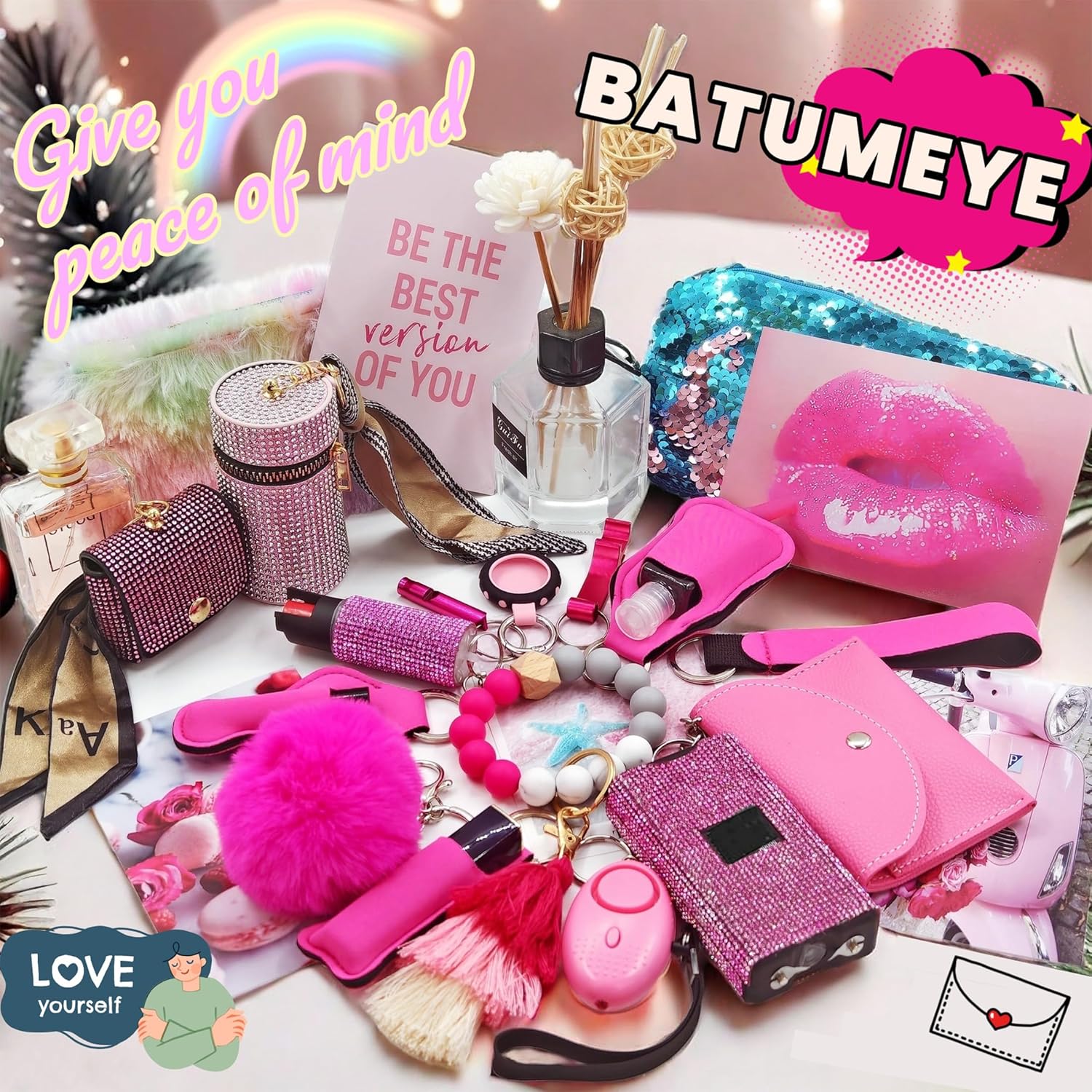 BATUMEYE Gift Keychain Set for Woman with Bottle Opener, Card Holder, Wristlet Strap, Whistle, Travel Bottle Holder