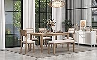 Vista 11 de Juego de mesa de comedor de madera de goma de 6 piezas con patrón de grano de madera y cojín suave, mesa de comedor rectangular con 4 sillas