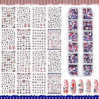 Maitys 16 Sheets 4th of July Nail Art Stickers Independence Day Nail Decals 3D Self-Adhesive Patriotic American Flag Nail Sticker and 12 Grids Star Glitter Nail Sequins DIY Decoration Accessories