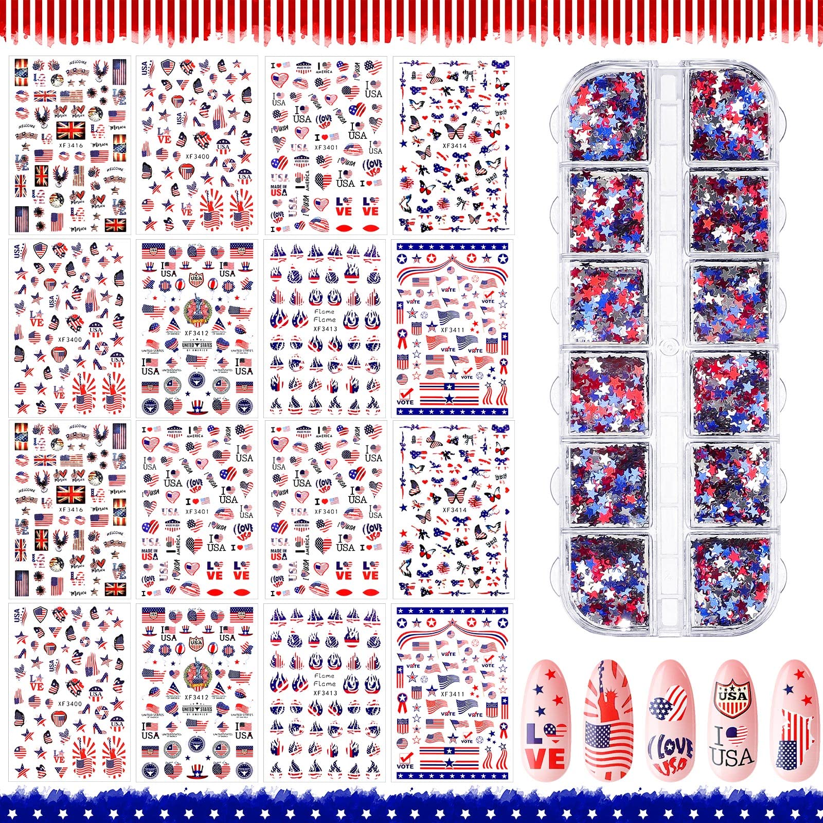 Maitys 16 Sheets 4th of July Nail Art Stickers Patriotic Nail Decals 250th Anniversary 3D Self-Adhesive American Flag Sticker 12 Grids Star Glitter Sequin DIY Independence Day Decoration Accessories