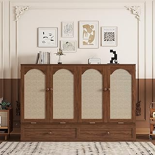 KEIKI Queen Murphy Bed Cabinet with Charging Station & Rattan Design – S...
