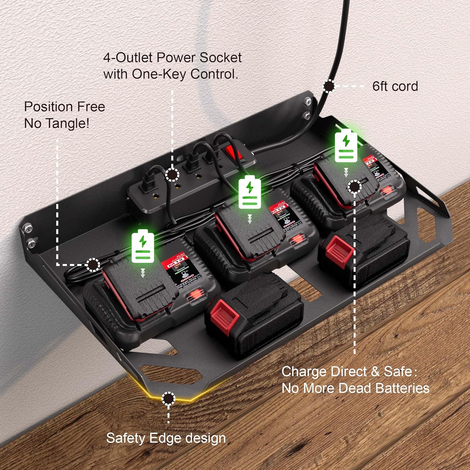 Christmas Gift for Men - End His Garage Clutter | Red Power Tool Organizer Wall Mount with Charging Station | All-in-One 3-Tier Heavy Duty Tool Rack with 420lb Capacity for Dad, Husband, DIYers