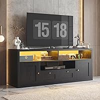 LIKIMIO Modern Black TV Stand for 65 Inch TVs - 1" Thick Top, LED Lights, Charging Station, Storage Console