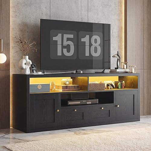 LIKIMIO TV Stand for 65" TVs, with 1" Thick Top, Modern TV Console with LED Lights & Charging Station & Storage, High-End Entertainment Center for Living Room and Bedroom, Black