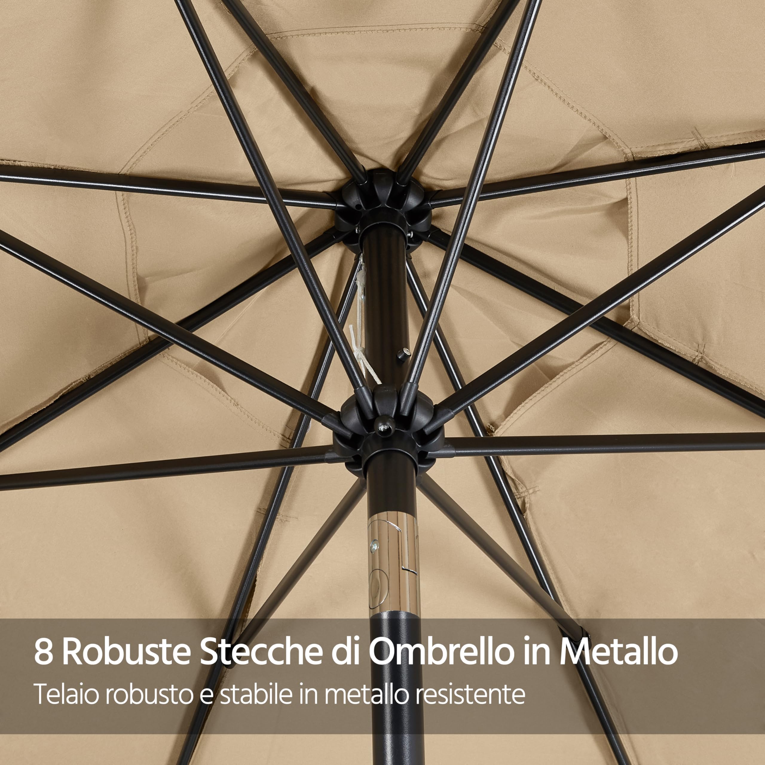 Ombrellone da Giardino Esterno 267,5 cm con Bordatura 8 Stecche Manovella Parasole Protezione UV per Spiaggia Balcone Terrazzo Mercato Reclinabile