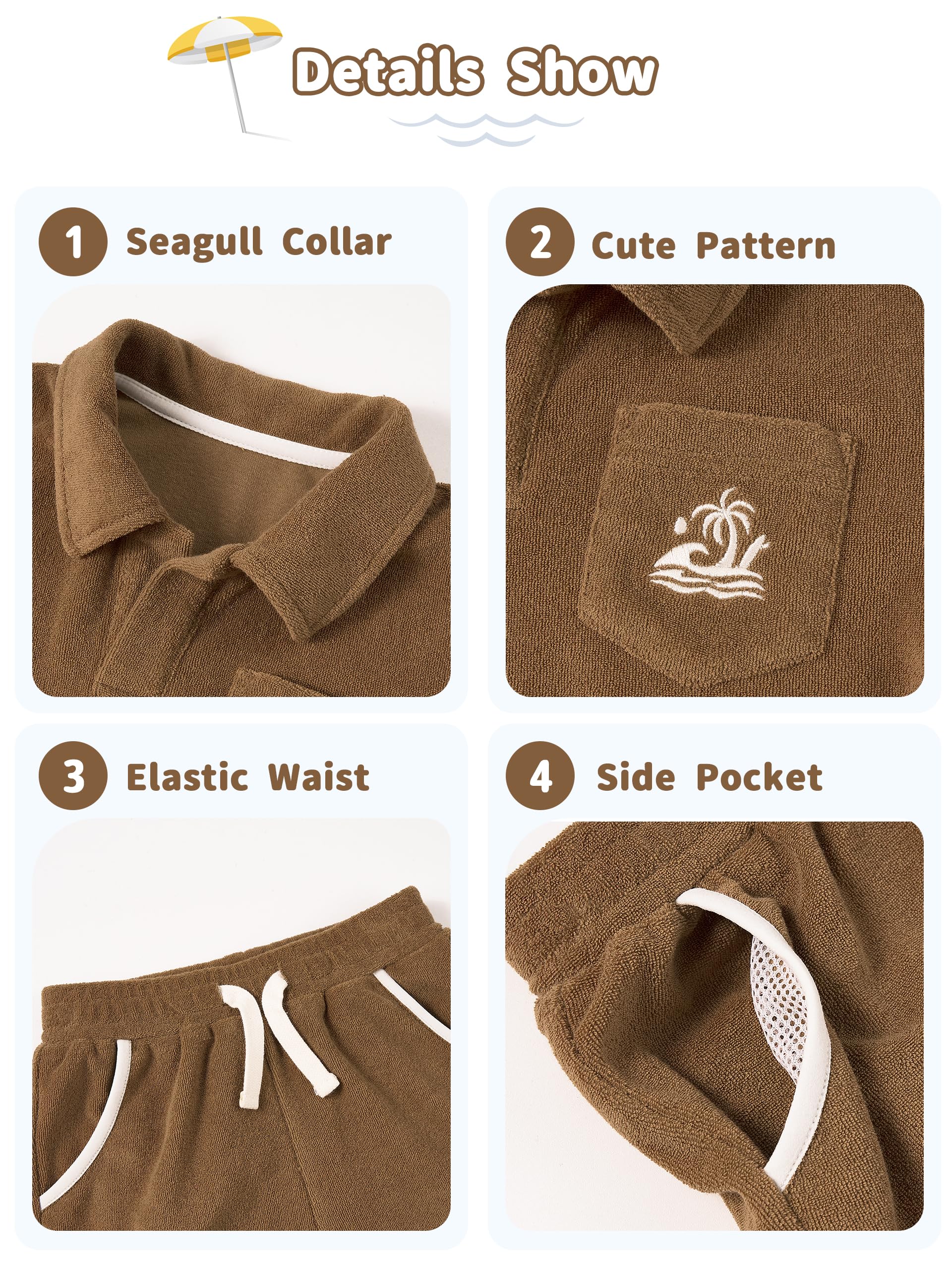 Volunboy Ensemble été Bébé Garçon en Tissu Éponge, Chemise à Col Mouette et Short à Taille Élastique pour Plage et Loisirs