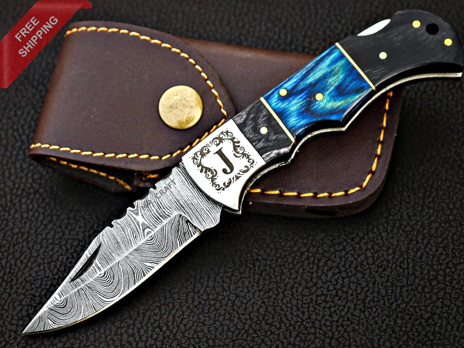 Personalized & Customized Word "J" Damascus pocket knife