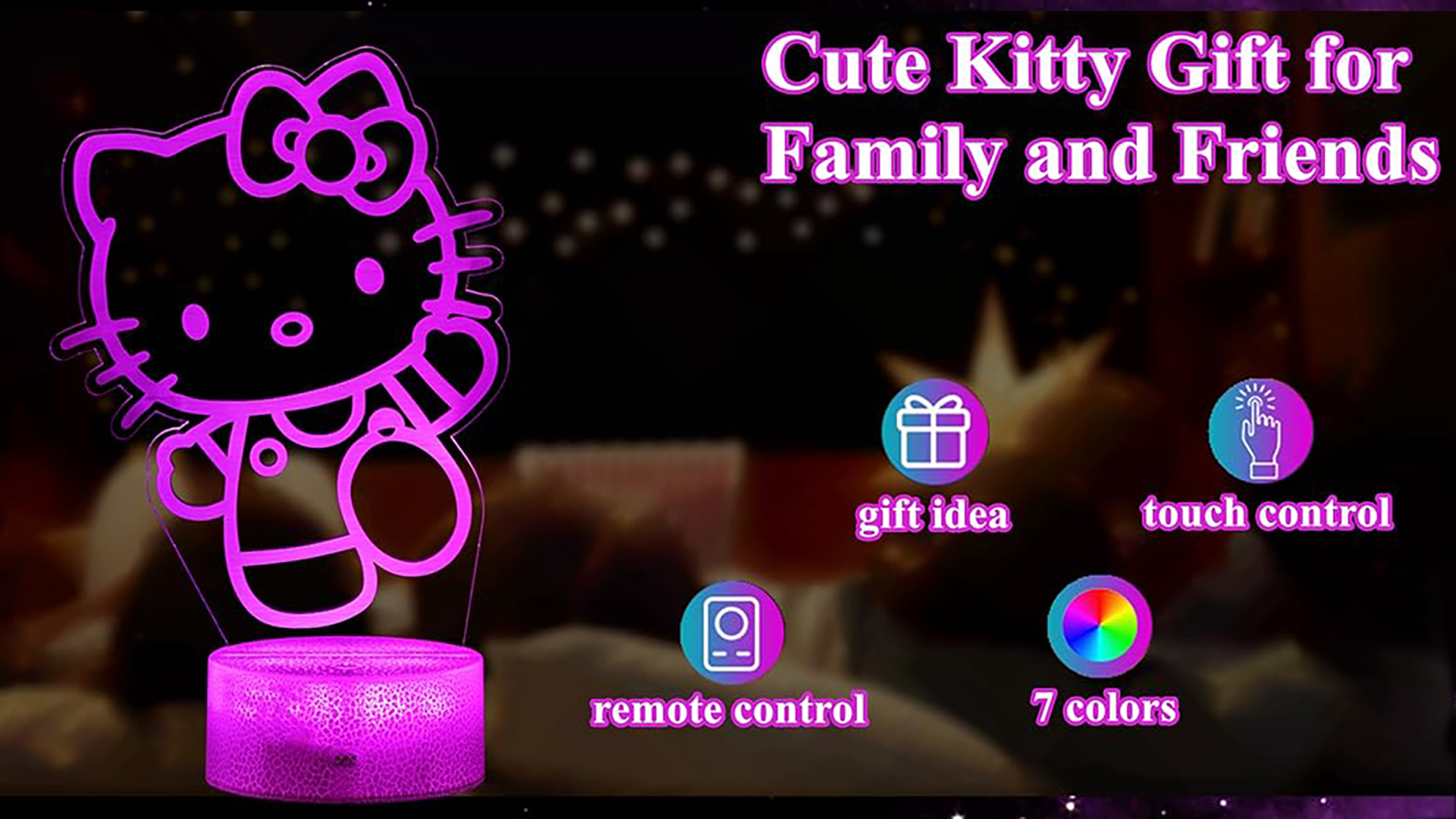 Image of LOUHH Kitty Night Light, 3D LED 16 Color Intelligent Remote Control Lamp for Christmas Gifts Children's Room Decoration Holiday Gifts