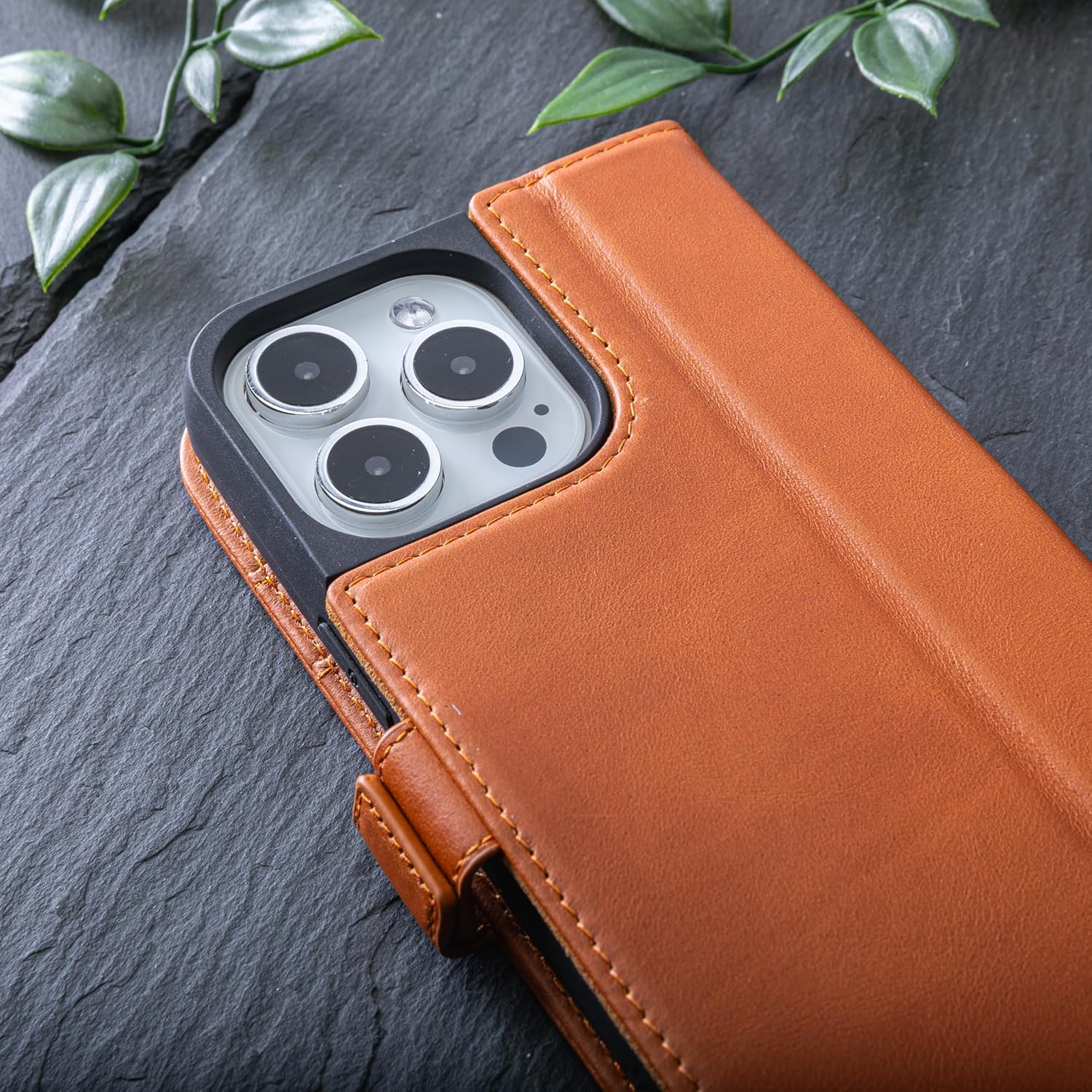 Snakehive Leather Wallet for iPhone 15 Pro - Real Leather Wallet Phone Case - Genuine Leather with Viewing Stand and 4 Card Holder - Side Clasp Flip Folio Cover with Card Slot (Smooth Tan)