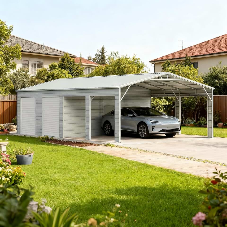 46x32 FT Steel Garage Shed, Reinforced Outdoor Storage Building, 14/16-Gauge Steel Frame, 26-Gauge Galvanized Powder-Coated Panels, Roll-Up & Double Doors,Heavy-Duty Barn Shelter for Farm Equipment