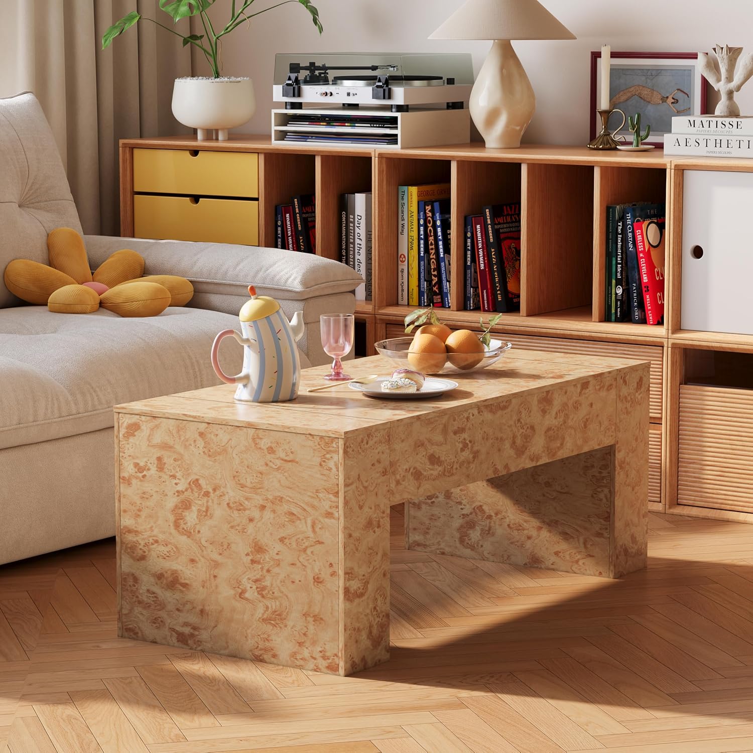 Burl Wood Rectangle Coffee Table，45 inch Farmhouse Low Cocktail Table with Thick Base for Living Room