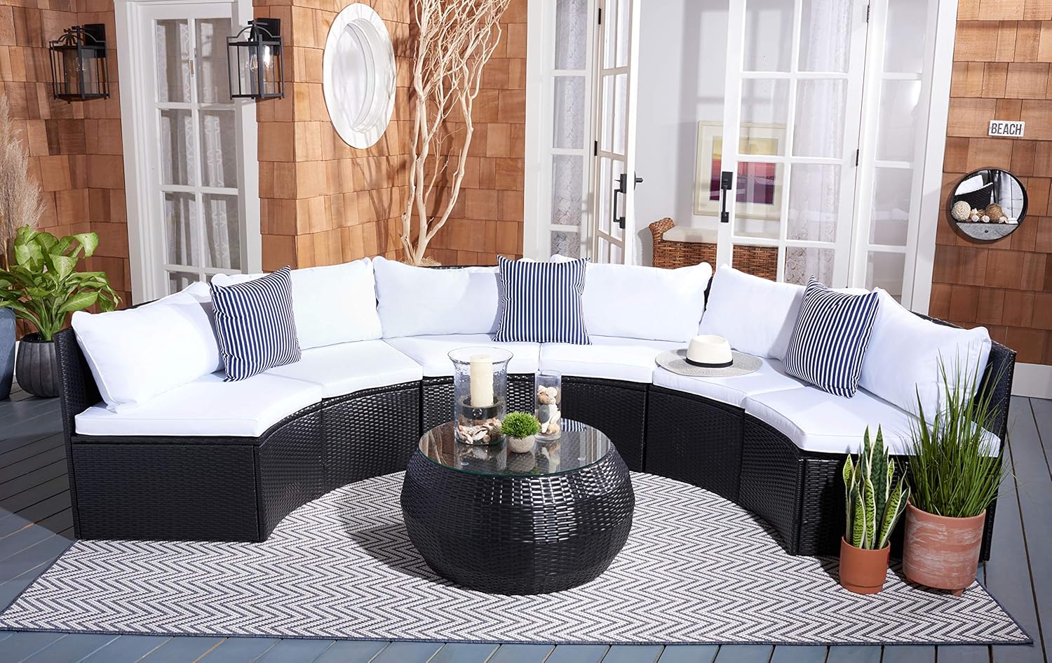 SAFAVIEH Outdoor - Jesvita 4-Piece Conversation Set - Black & White - Faux Wicker & Steel Frame - Demilune Sectional with Accent Table - Ideal for Patio, Deck, Porch, Backyard (PAT7701A)