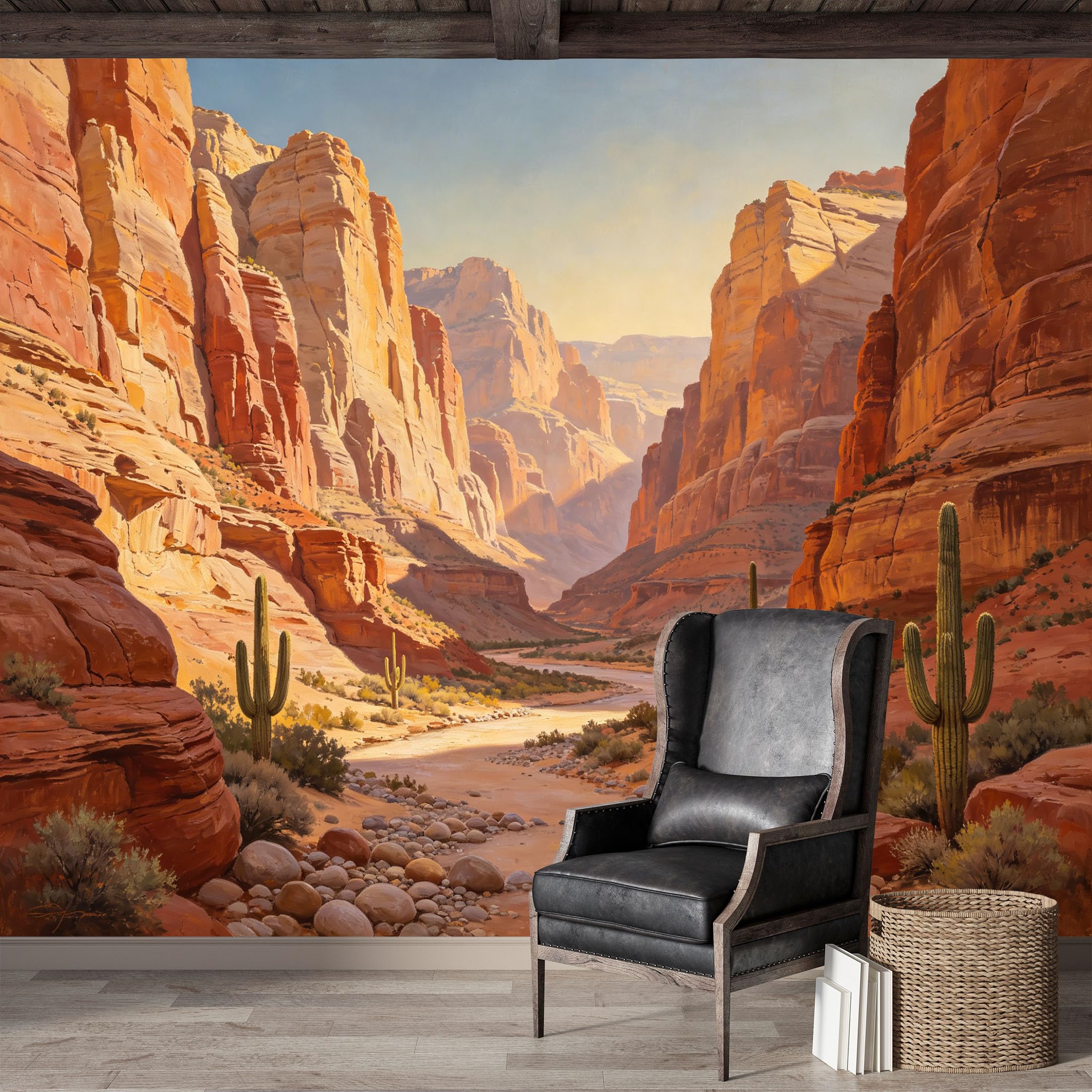 Custom Size Wall Mural,Southwestern Desert Landscape Canyon Saguaro Oil Painting Premium Water Activated SelfAdhesive Wallpaper,Removable Wall Covering for Indoor Home Decor