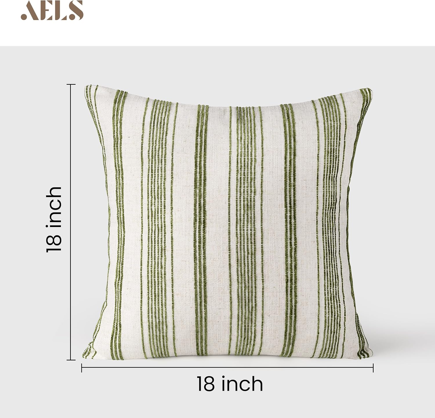 AELS 18x18 Decorative Farmhouse Linen Throw Pillow Covers, Beige with Olive Green Chenille Striped Pillow Case, Set of 2, Boho Textured Cushion Cover for Sofa Couch Living Room (Cover ONLY) - Image 2