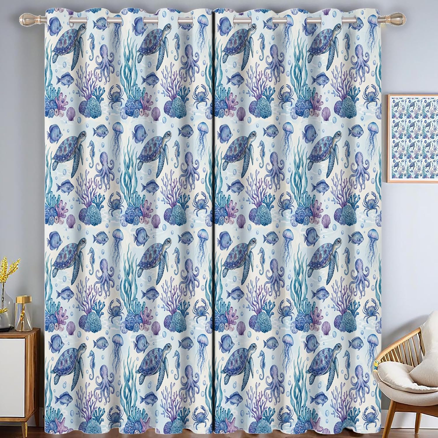 Watercolor Marine Animals Blackout Curtains Sea Turtles Coral Landscape Patterned Grommet Window Drapes For Bedroom Living Room, Royal Blue Window Treatments 84 Inch Length 2 Panels Set, 52 X 84 Inch