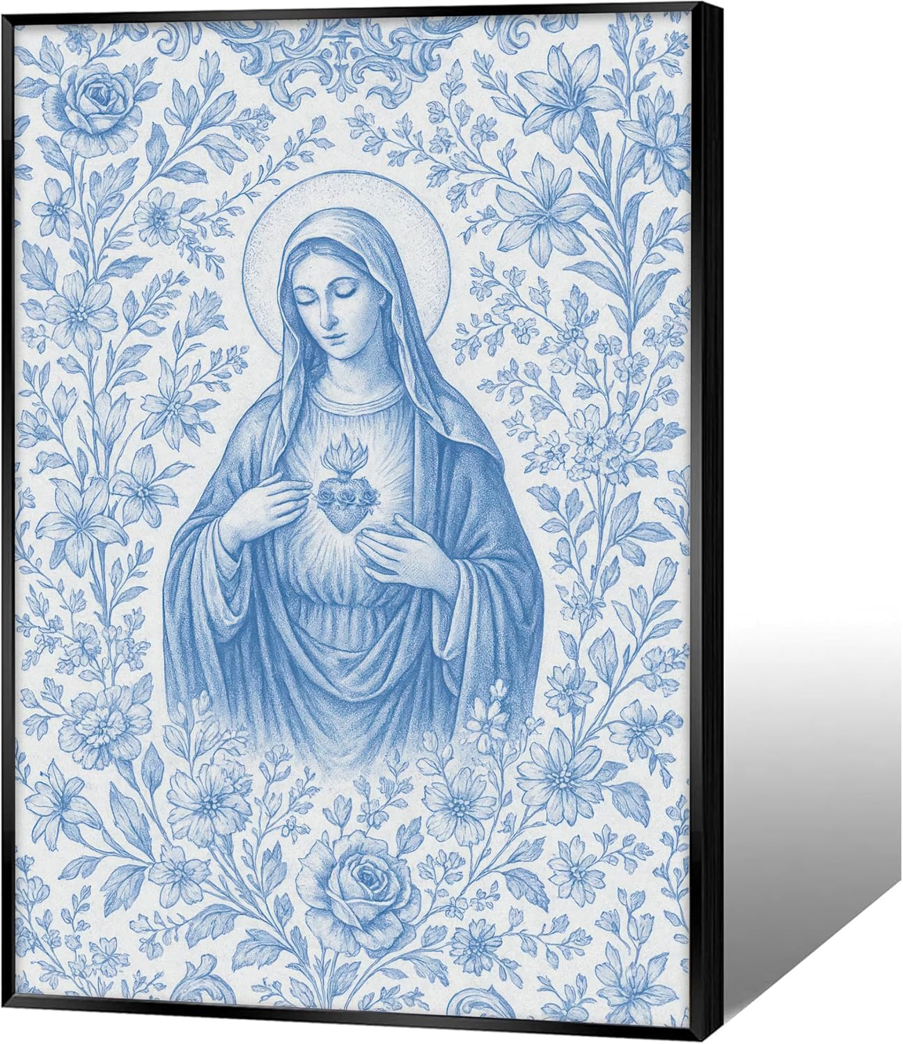 Framed Blue Virgin Mary Immaculate Heart Canvas Wall Art Christian Catholic Wall Decor Our Lady of Guadalupe Portrait Poster Prints Religious Bible Artwork for Living Room Prayer Room Church 12x16in
