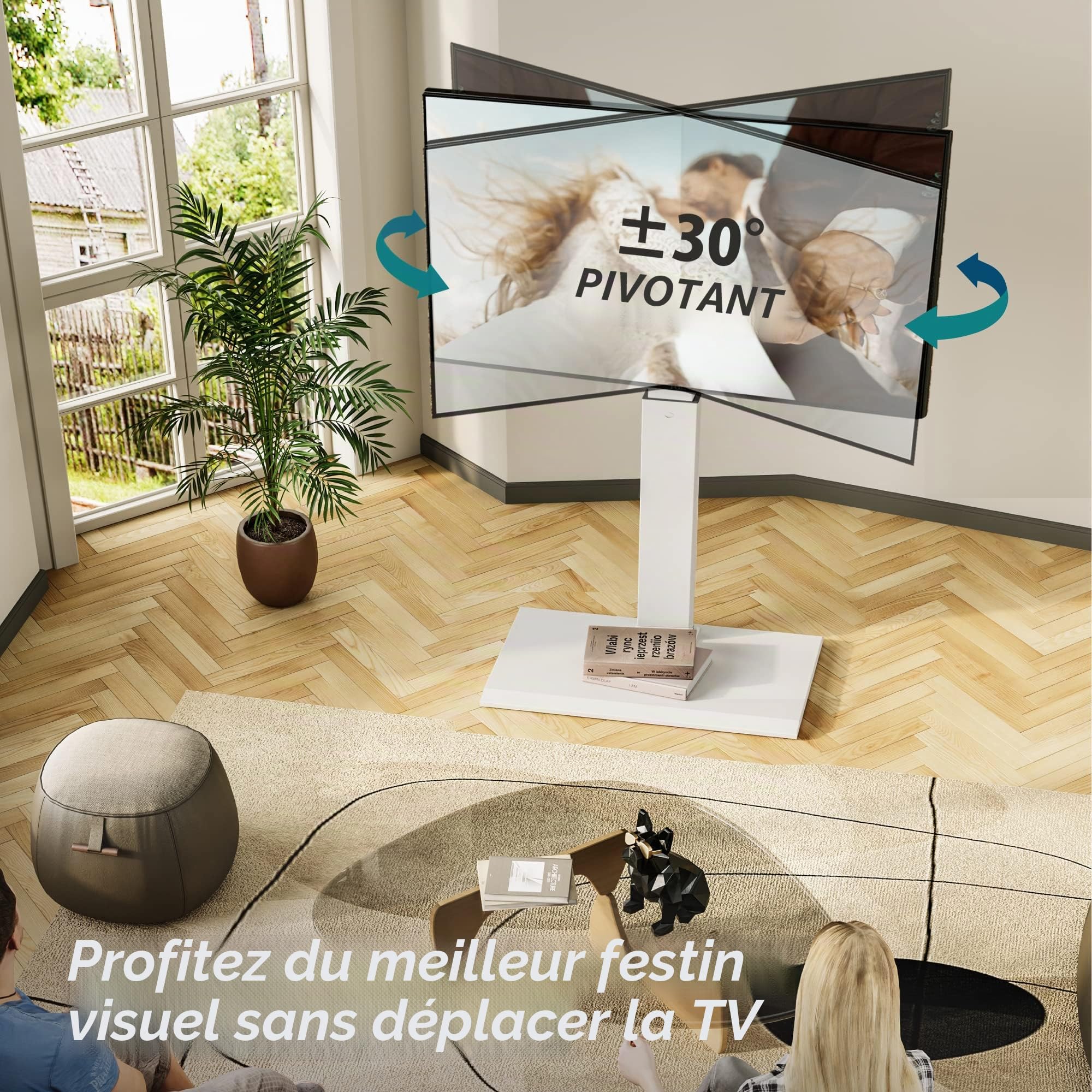 FITUEYES Support TV sur Pied, avec Base en Fer, 32-65 Pouces, Pivotant 60° | pour Salon, Chambre et Bureau, 14 Réglages en Hauteur, Hauteur Réglable, Charge Maximale 40 kg, VESA 400 x 400 mm