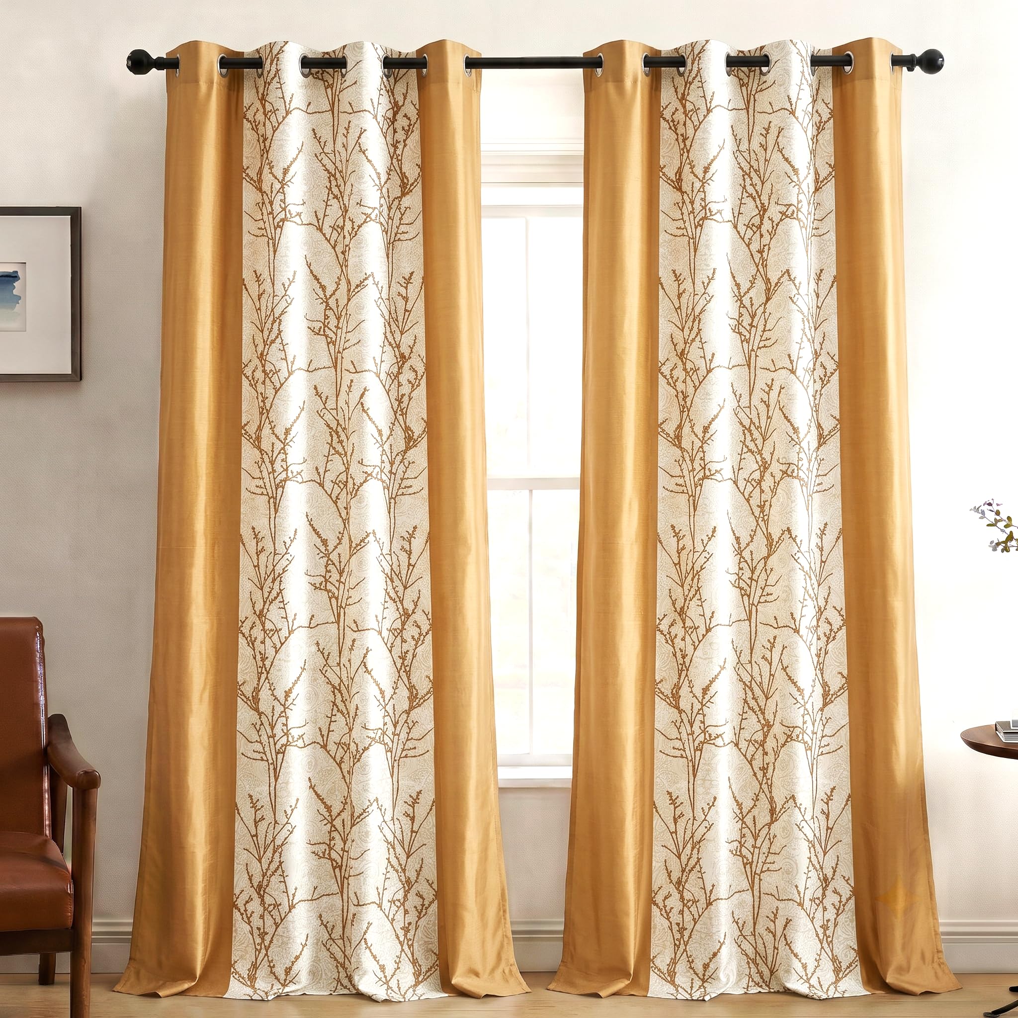 Home Sizzler 2 Pieces Branch Bliss Grommet Eyelet Polyester Window Curtains - 5 Feet, Gold