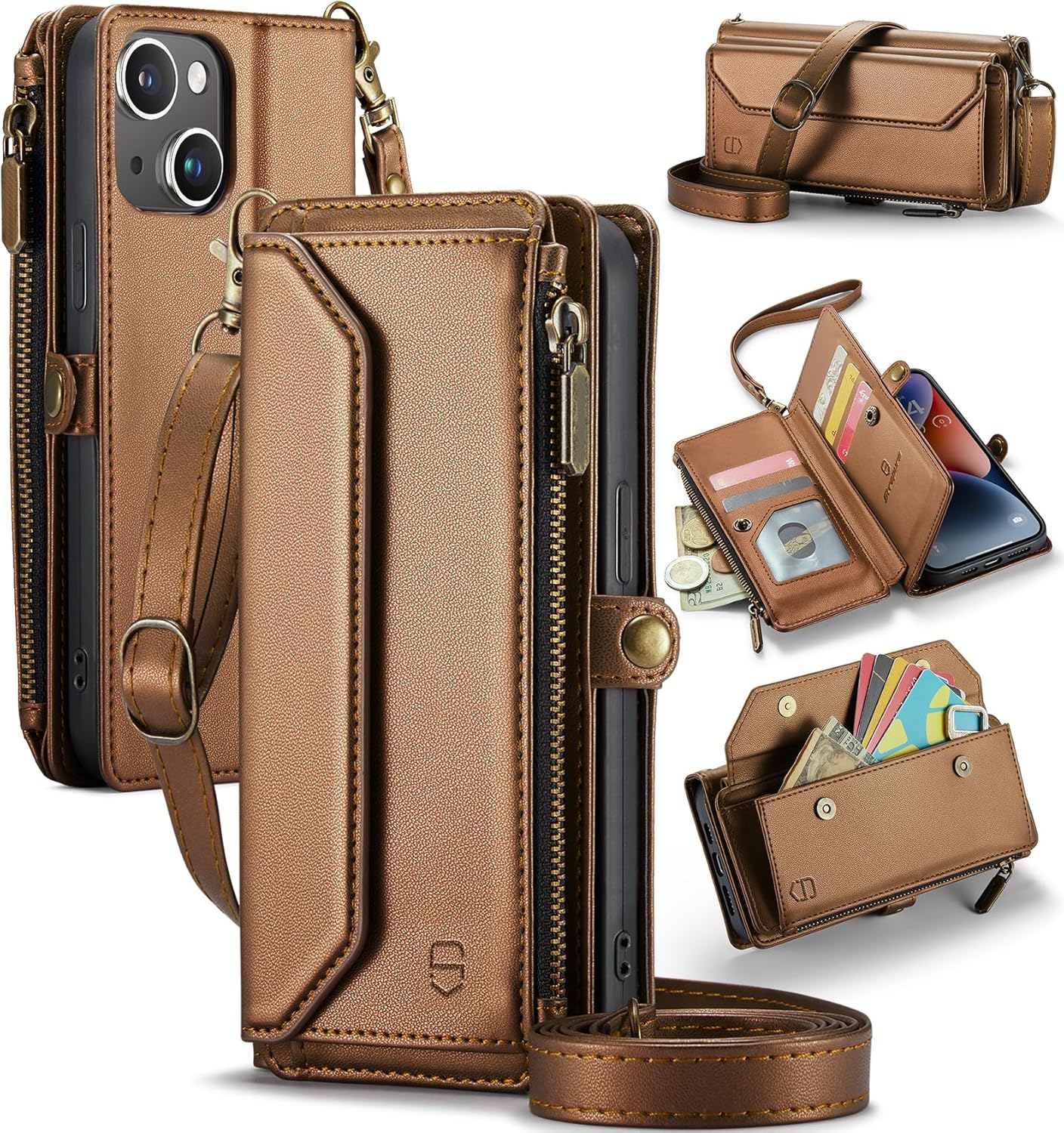 Product image of Wallet Case Compatible with iPhone 14 RFID Blocking 7-Card Holder Soft PU Leather Magnetic Snap Shoulder Strap Zipper Pocket Phone Case Fit for iPhone 14 for Women 6.1" - Brown