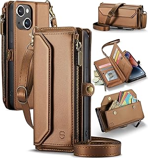 Strapurs for iPhone 14 - Zipper Strap Wallet Case for Women, Brown