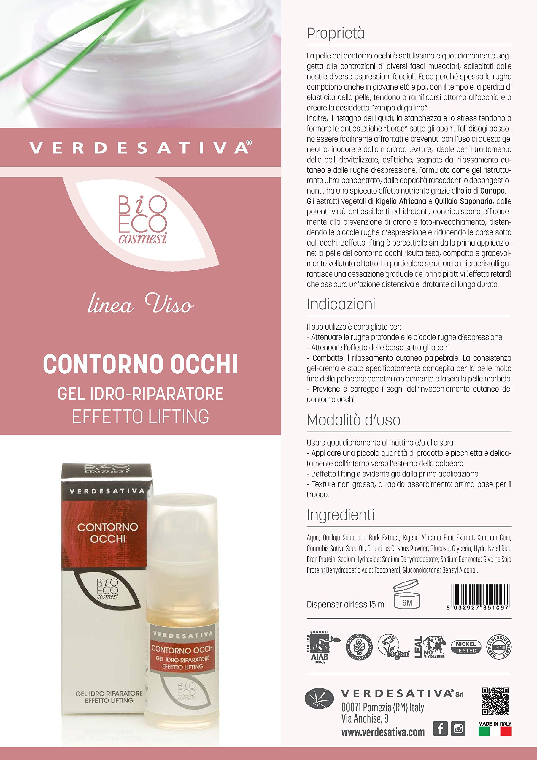 Gel Contorno Occhi Lifting - 15ml - Con Kigelia, Quillaia e Estratti Vegetali ad Azione Tensore - Riduce Borse e Rughe d’Espressione - Texture Leggera e Idratante - Made in Italy
