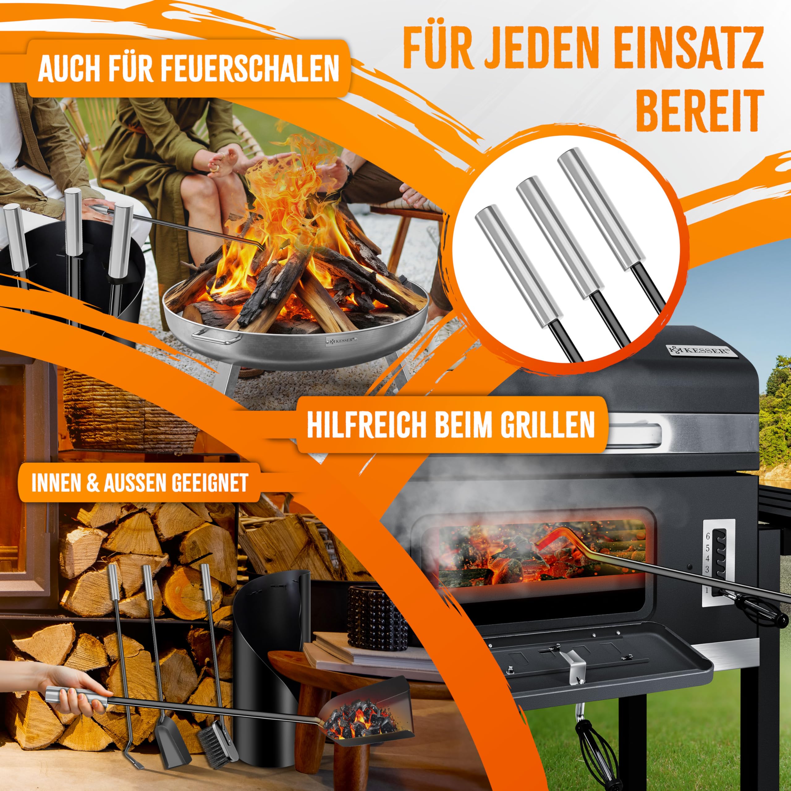 KESSER® Kaminbesteck Set 4-teiliges Kaminzubehör - Modern Design, beschichtet, Hochwertige Kamingarnitur aus 4 Teilen: Besen, Schaufel, Schürhaken, Ständer Stahl Edelstahlgriffe, Schwarz