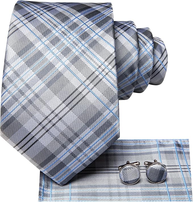 Corbata de seda para hombre con pañuelo y gemelos miniatura 2