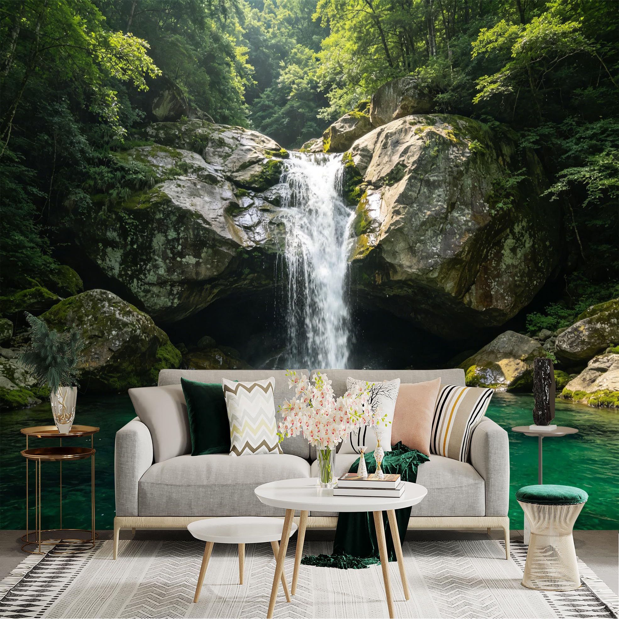 Lnzczhyre Dbh260521663 Custom Size Wall Sticker Mural， Natural Waterfall In Deep Forest， Rocky Mountain Stream， Serene Turquoise Pond， Lush Greenery Scenery， For Wall Decoration， Peelandstick Wall Decals.