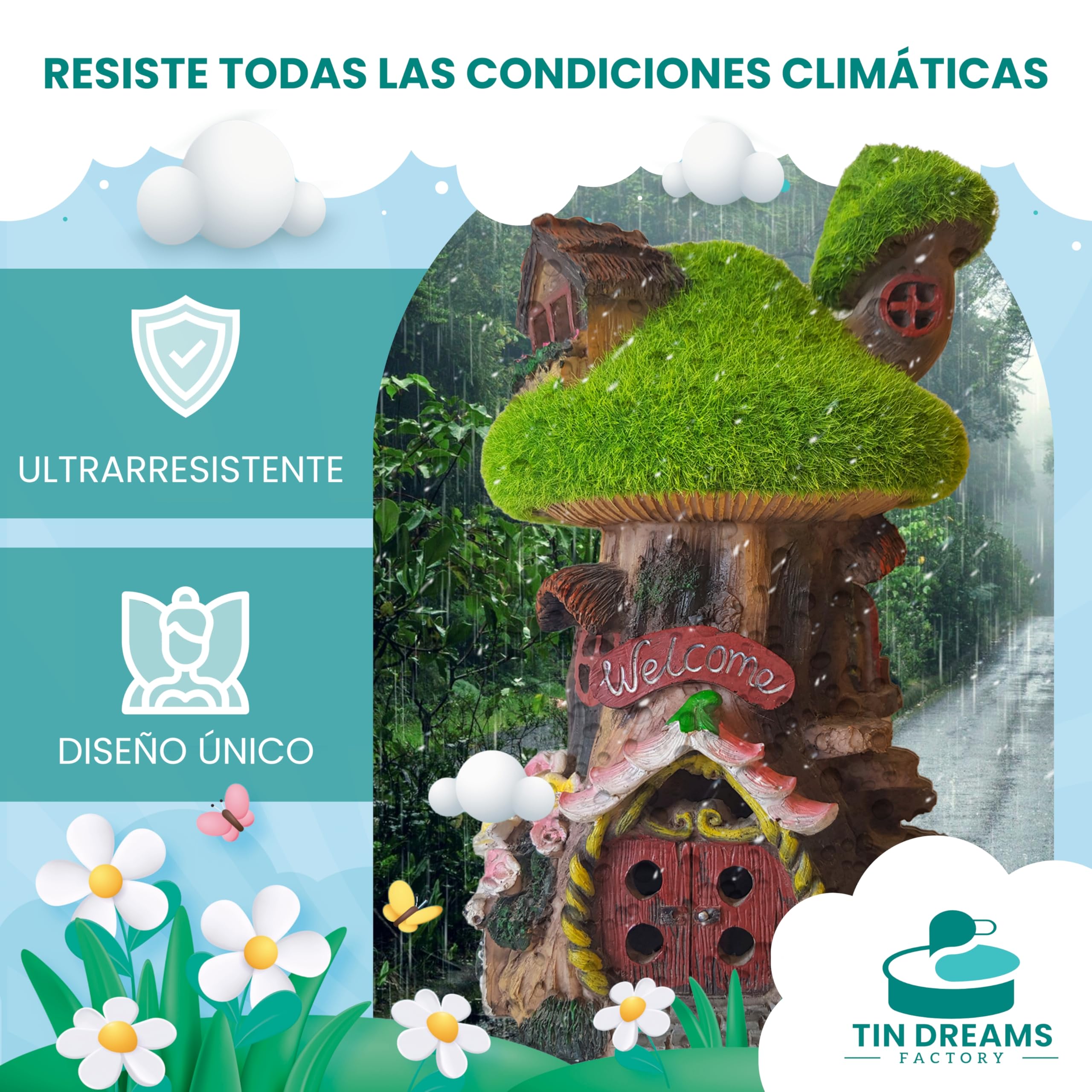 Casita de Hadas para Jardín con Luz Solar - Fairy Tree House en Resina - Decoración Exterior Jardín, Patio, Terraza - Adorno Mágico con Luz LED para Ambientes Encantados