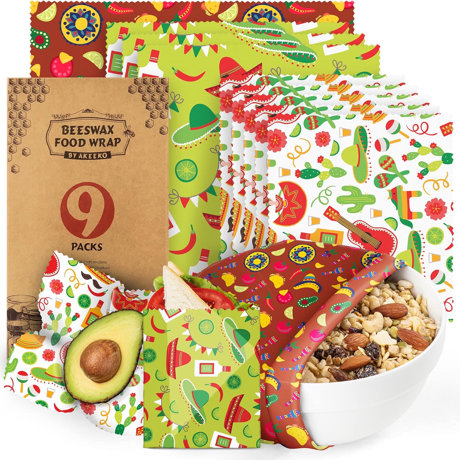 Akeeko Reusable Beeswax Food Wraps Assorted 9 Packs, Eco