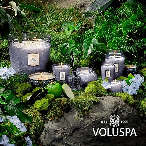 Miniatura 6 de Voluspa Vela de trébol azul de manzana, tarro pequeño de vidrio en relieve, 3.2 onzas, tiempo de combustión de 25 horas, vegano, cera de coco y