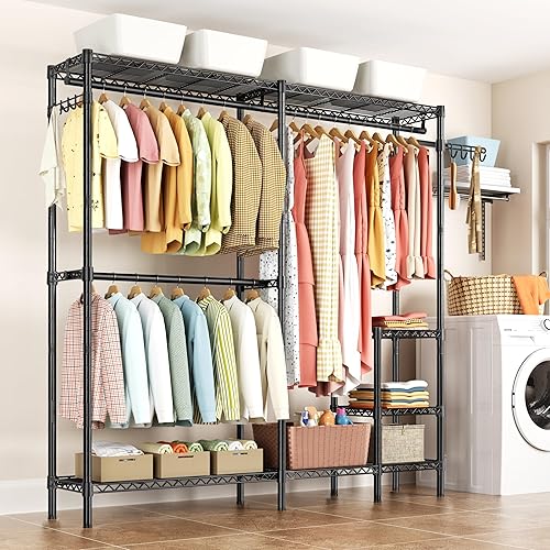Vista 8 de Perchero organizador de ropa y almacenamiento para lavandería, resistente, portátil, para colgar ropa, ajustable, independiente, con estantes y Negro