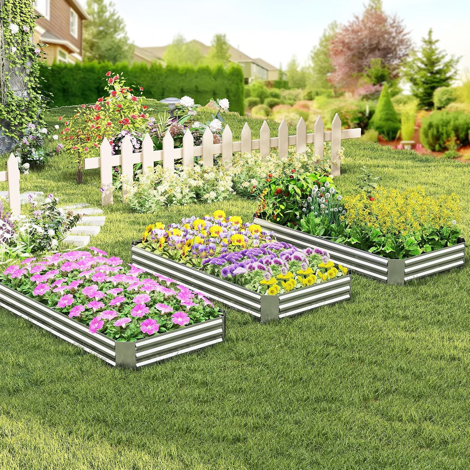 Giantex Galvanized Raised Garden Bed, 8x4x1FT Large Metal Planter Box with Gloves, Outdoor Bottomless Planter Raised Bed Kit for Vegetables Flowers, Herbs, Fruits, Silver