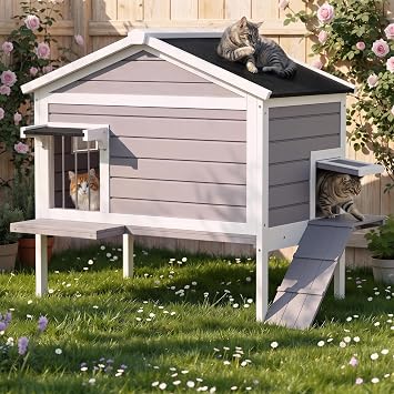 Outdoor Cat House, Weatherproof Feral Cats Shelter Keep Safe in Outside, Easy to Install and Openable Roof Design Kitty House for Outsides Insides Cats