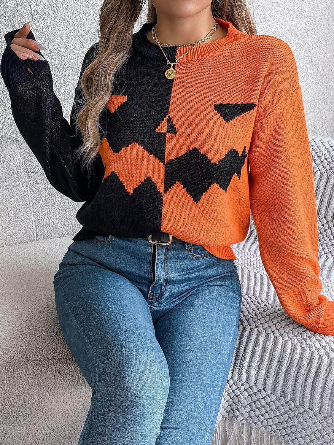 Women's Halloween Pumpkin Sweater Cute Crewneck Knitted Long Sleeve Pullover Tops Fall Winter Fashion Clothes - Image 5