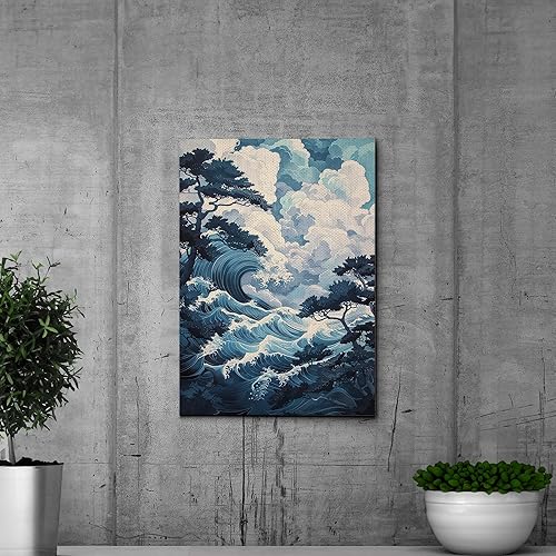 Miniatura 3 de Canvas Print Canvas Framed Canvas Wall Art Wood Panel Retro Wave Art A Storm Wall Art Print Sea Wave In The Night And Trees Stormy Waves Art Canvas