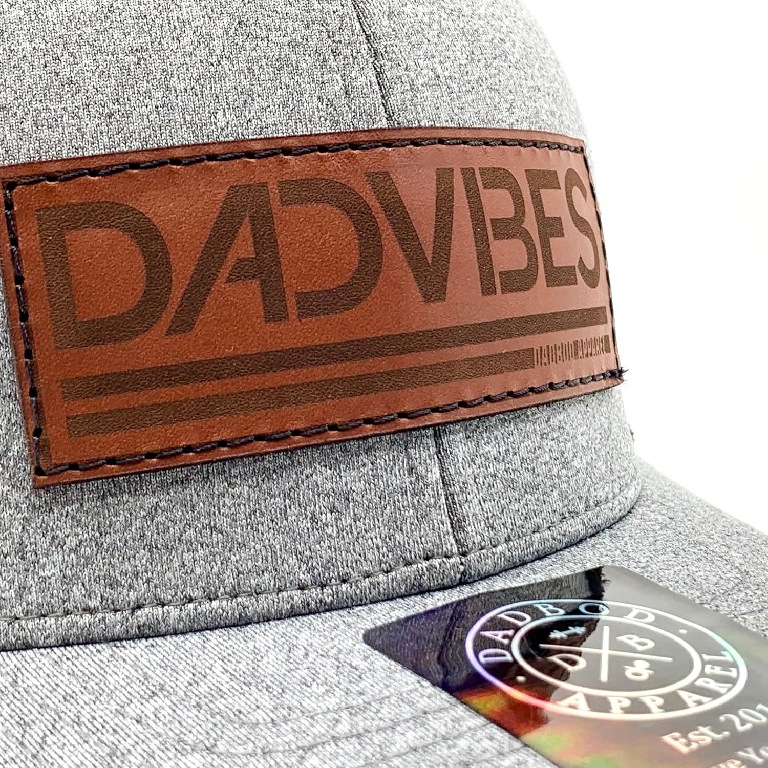 DadBod Apparel DB DadVibes Leather Patch Classic Snapback Hat - Heather Grey/White Mesh - Premium Baseball Cap for Girl Dads and Boy Dads