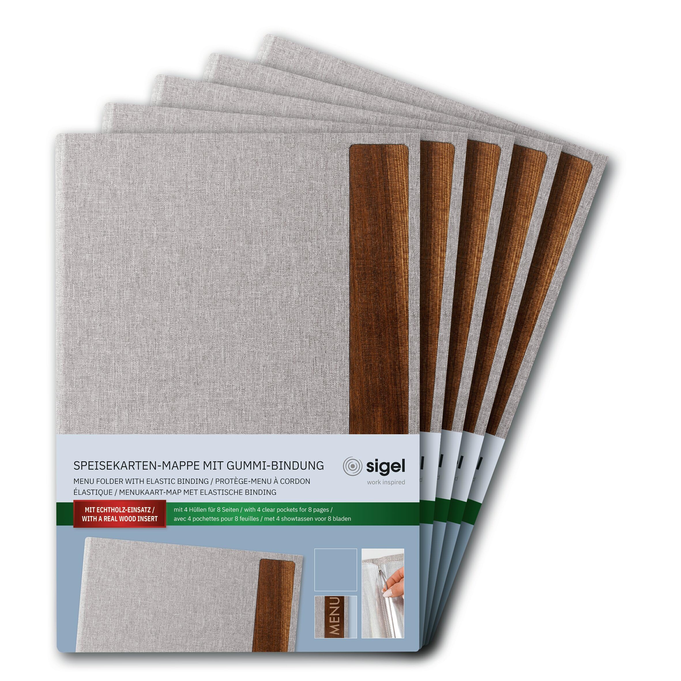 SIGEL SM222/5 Porta-menú - 5 unidades - incl. 2 fundas transparentes dobles para 8 páginas - encuadernación elástica - A4 - gris claro/marrón