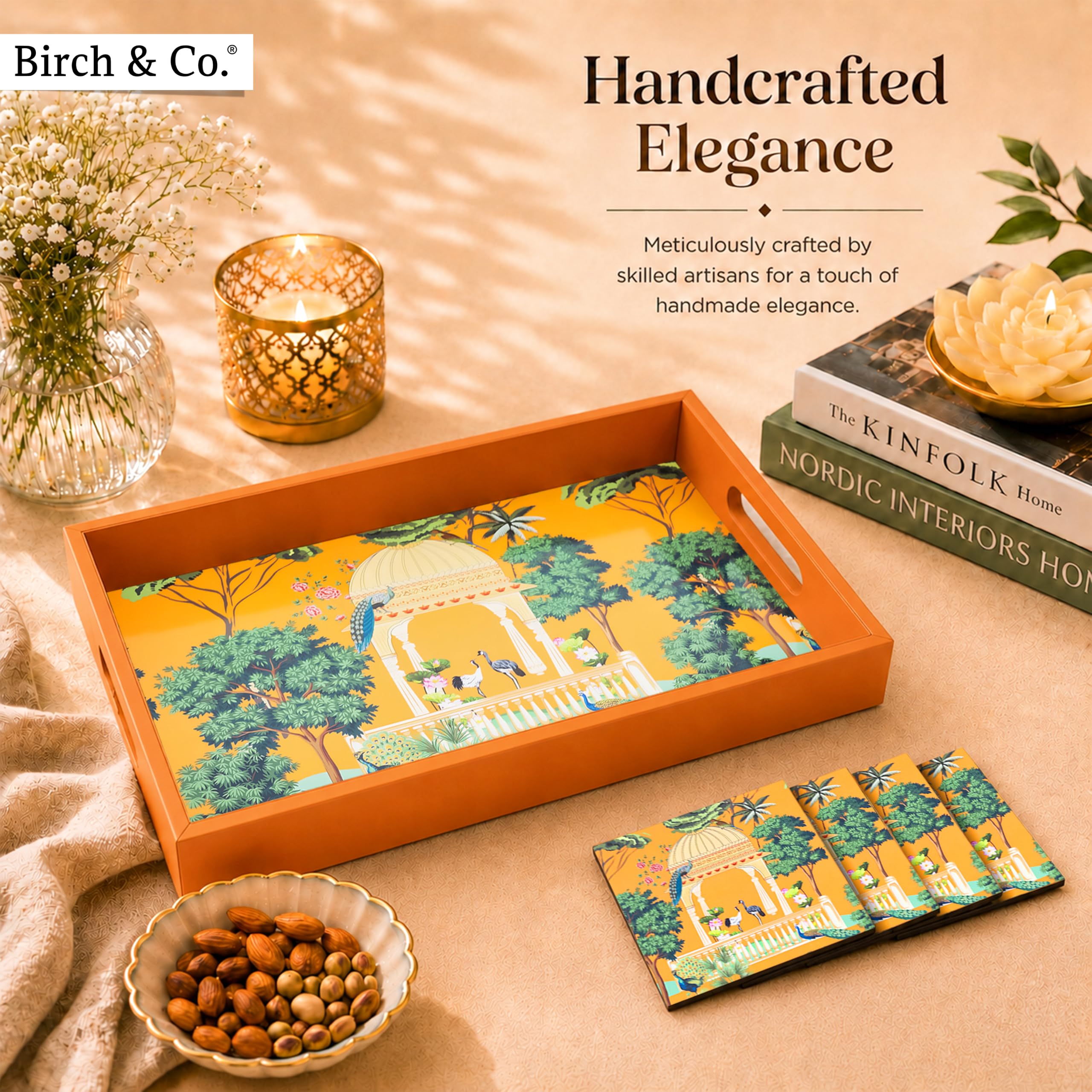Birch & Co. Bandeja de madera para servir sin 4 posavasos, 10 x 15 pulgadas, bandeja para servir, juego de bandejas para decoración, bandejas de té, bandeja de café grande, bandejas de madera MDF de