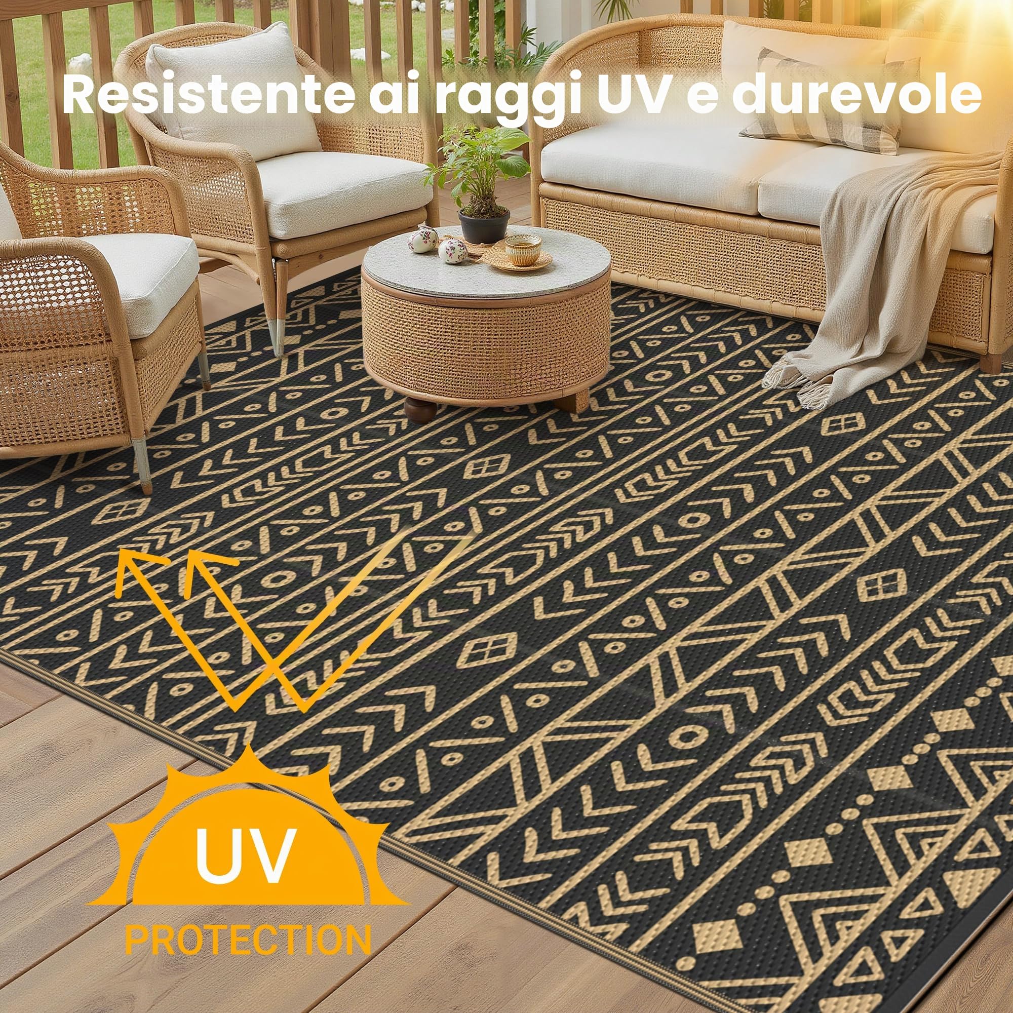 Genimo Tappeto da Esterno Impermeabile Eeversibile Lavabile Plastica, Terrazza, Giardino, Camper, Picnic, Balcone, Boho Nero Marrone, 275x365 cm